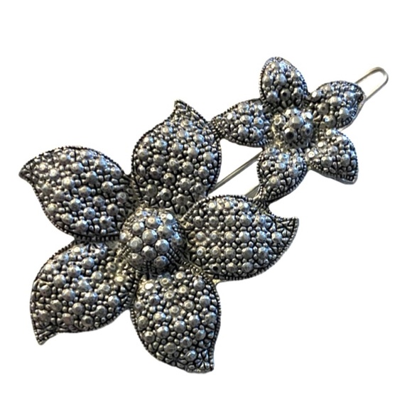 Silver Tone Marcasite Design Floral Barrette - Picture 2 of 4